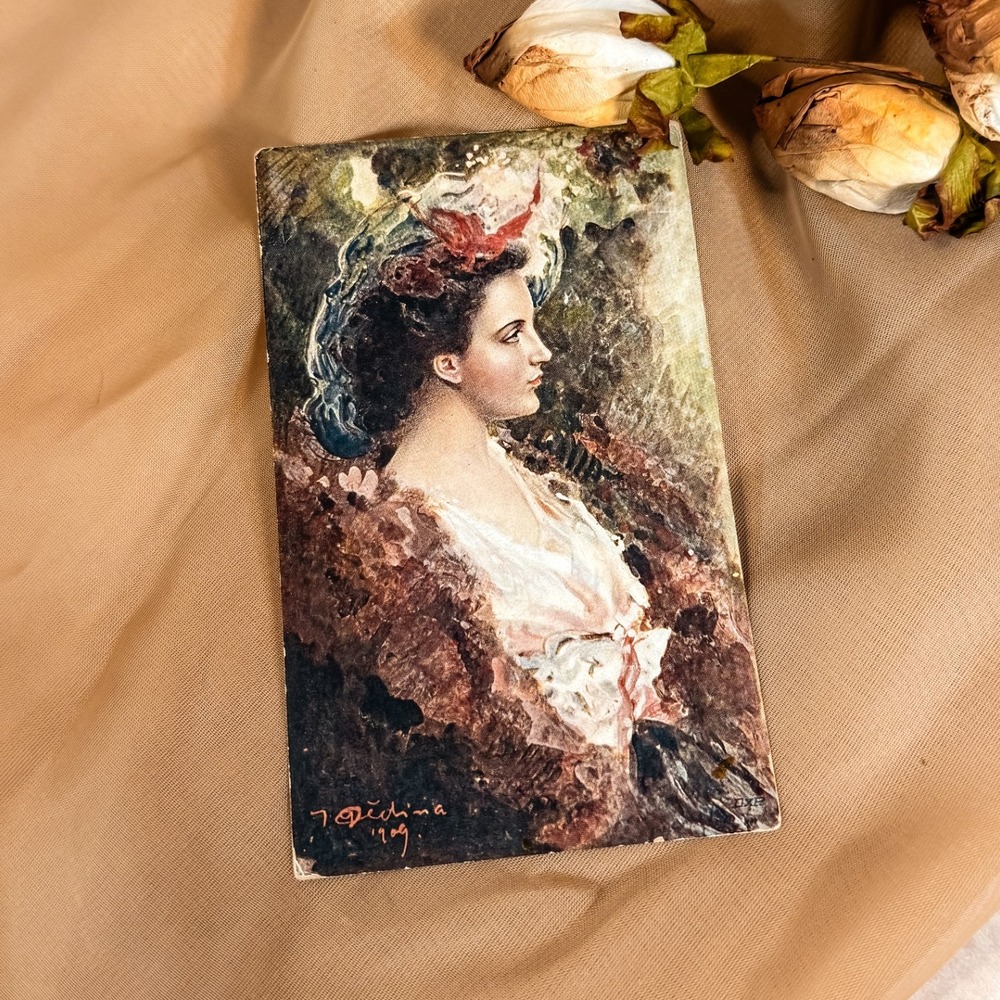Antique Postcard of‎ the Painting Lovely Lady of Prague